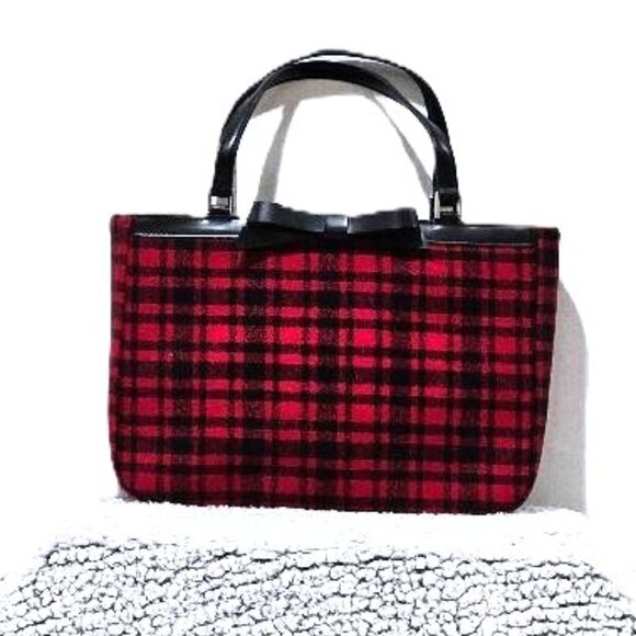 Vintage Handbags - VINTAGE RETRO BLACK RED PLAID VEGAN WOOL & LEATHER HANDBAG
